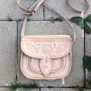 Cream Genuine Leather Moroccan Motif Crossbody